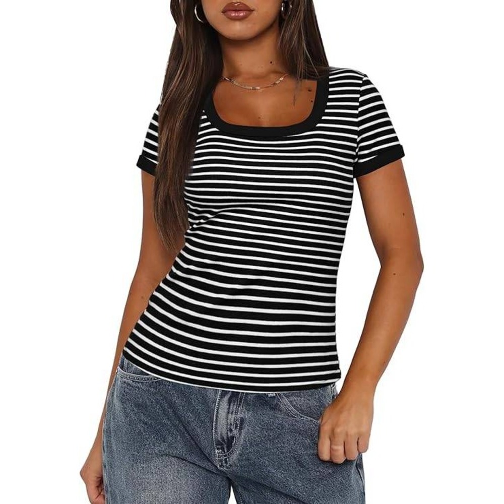 Darong Women‎ Summer Black & White Striped Shirt Sleeve Snoop Neck Size M- NWT